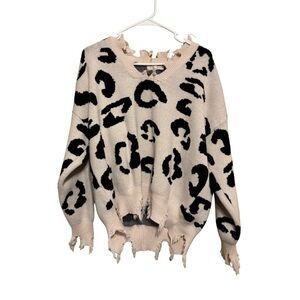 Jenny Boston Large Womans Leopard Print Distressed Sweater - Black and Cream